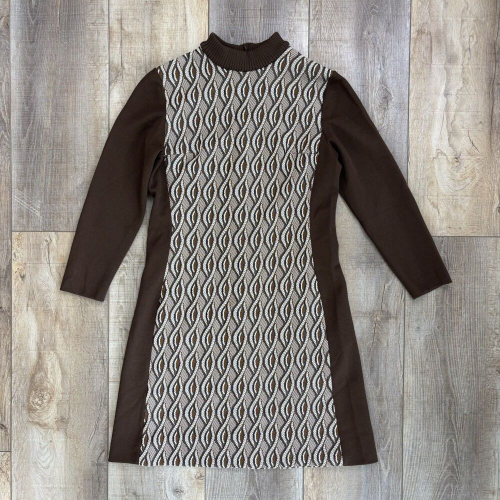 Vtg Womens Bleeker Street Brown Geometric Dress Sz 14 (M/L) Mod Mad Men Retro - Picture 3 of 16